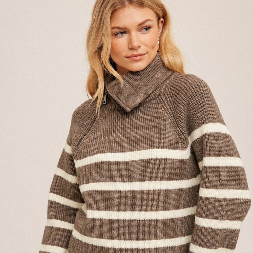 HEM & THREAD Brown White Striped Quarter Zip Sweater, Cozy Knit Pullover